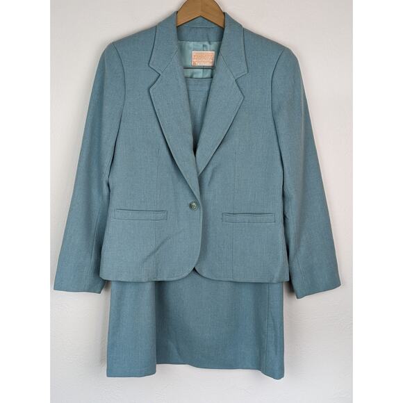 Pendleton Skirt Blazer Suit Vintage 80s Virgin Wool Career Blue Size 8 FLAWED - Picture 1 of 14